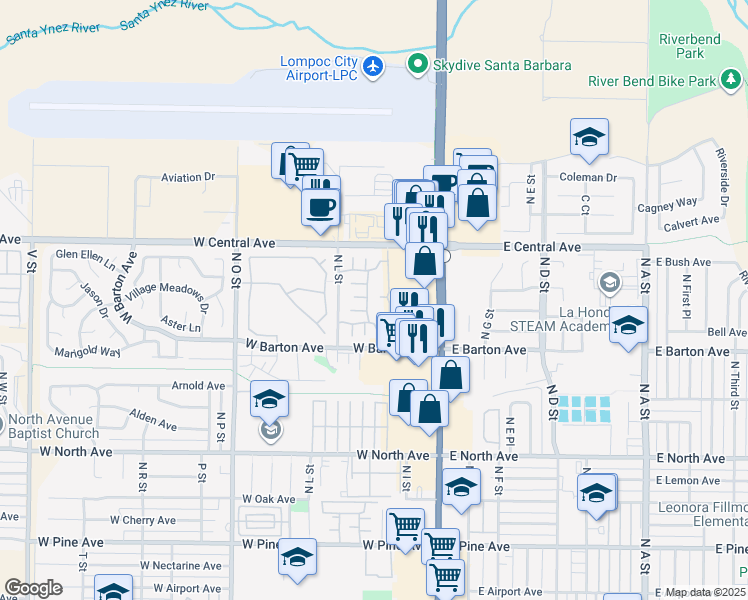 map of restaurants, bars, coffee shops, grocery stores, and more near 1300 North L Street in Lompoc