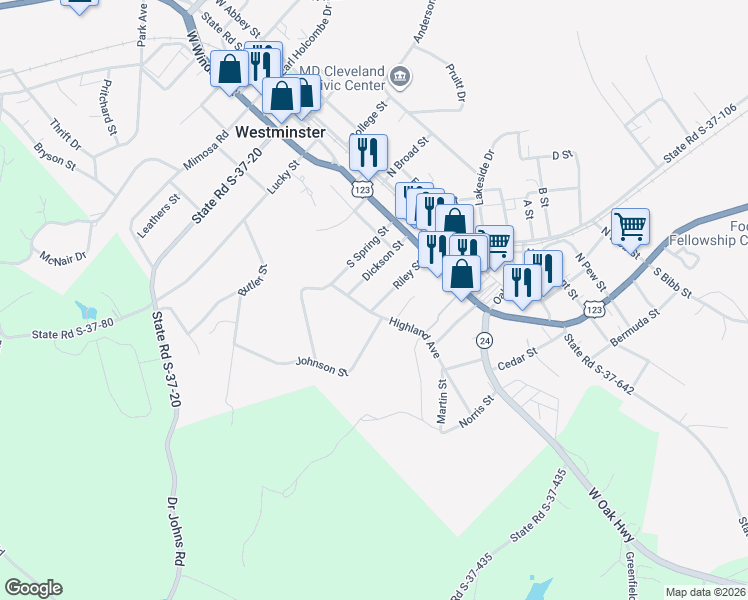 map of restaurants, bars, coffee shops, grocery stores, and more near 118 Riley Street in Westminster