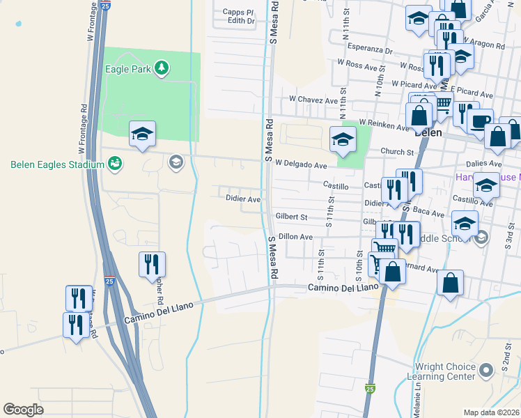 map of restaurants, bars, coffee shops, grocery stores, and more near 1602 West Gilbert Avenue in Belen