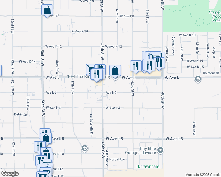 map of restaurants, bars, coffee shops, grocery stores, and more near 4329 West Avenue L2 in Quartz Hill