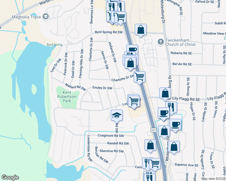 map of restaurants, bars, coffee shops, grocery stores, and more near 7804 Milton St SW in Huntsville