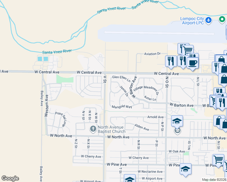 map of restaurants, bars, coffee shops, grocery stores, and more near 1429 Glen Ellen Lane in Lompoc