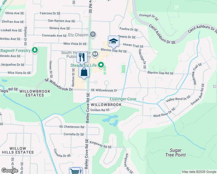 map of restaurants, bars, coffee shops, grocery stores, and more near 8205 Willowbrook Circle Southeast in Huntsville