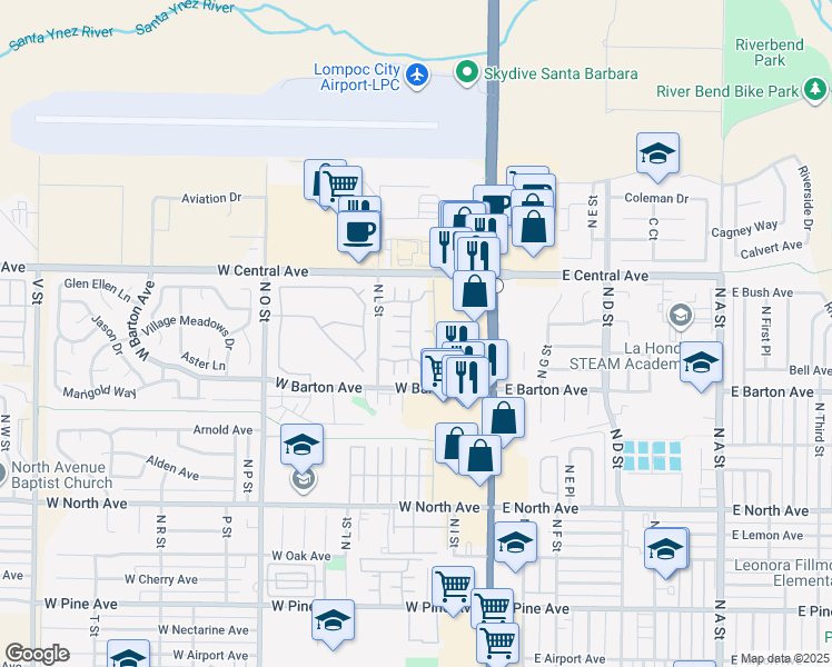 map of restaurants, bars, coffee shops, grocery stores, and more near 1300 North L Street in Lompoc