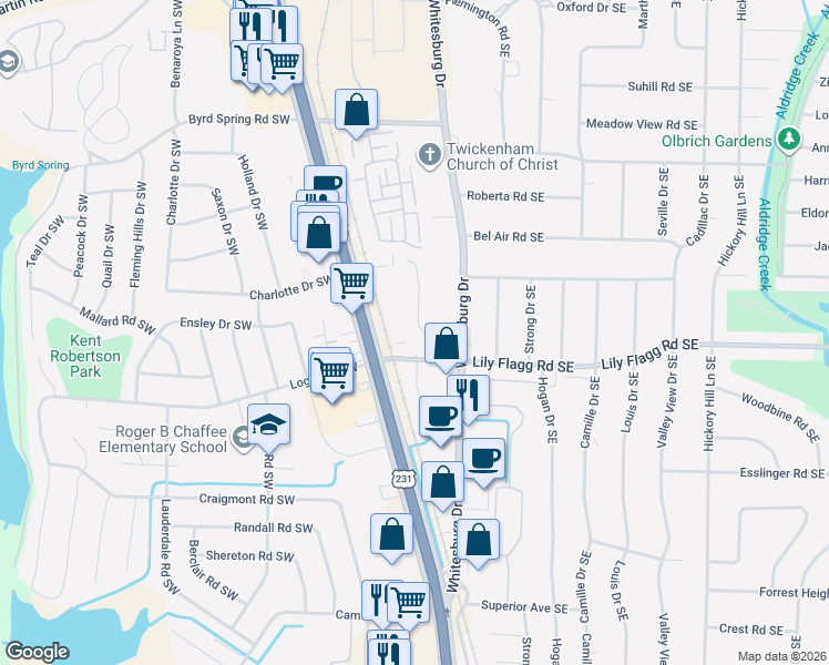 map of restaurants, bars, coffee shops, grocery stores, and more near 8148 Oldfield Road Southwest in Huntsville