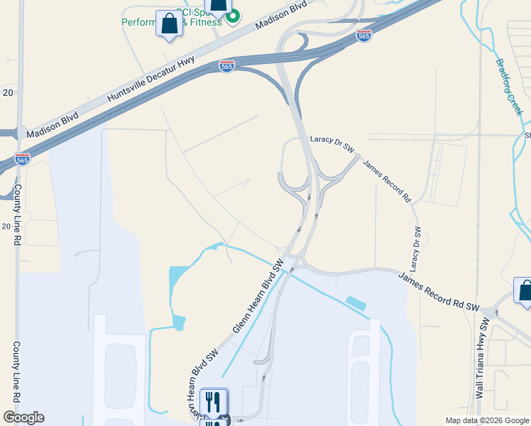 map of restaurants, bars, coffee shops, grocery stores, and more near 353 James Record Road Southwest in Huntsville