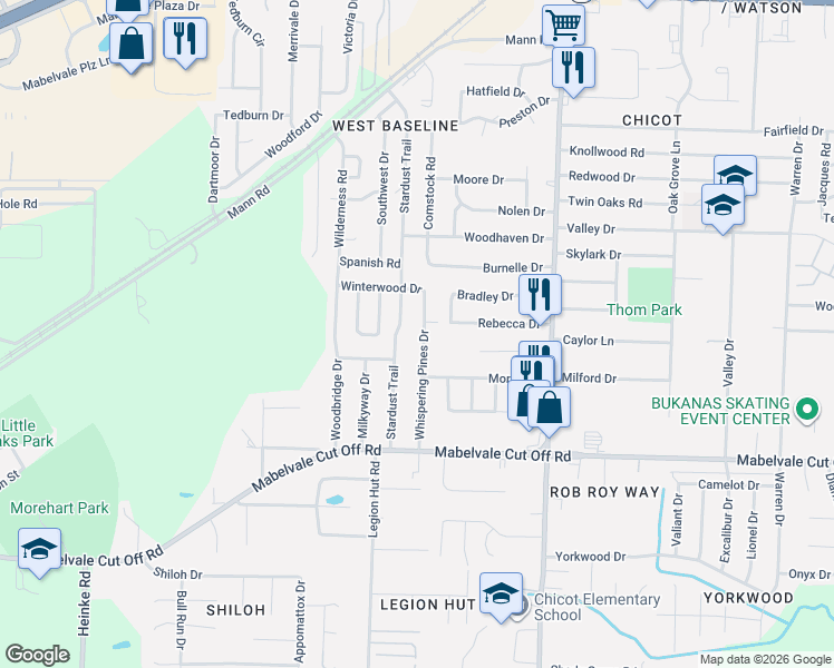 map of restaurants, bars, coffee shops, grocery stores, and more near 10019 Stardust Trail in Little Rock