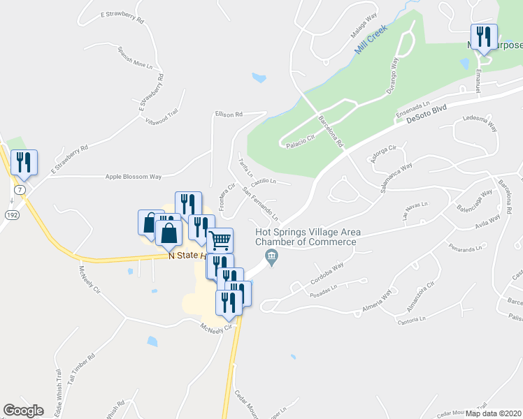 map of restaurants, bars, coffee shops, grocery stores, and more near 3 Charnela Lane in Hot Springs Village