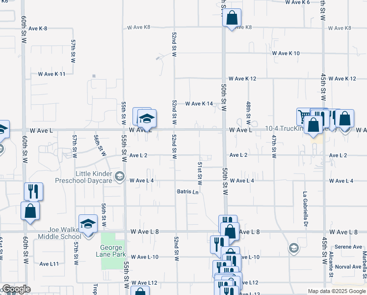 map of restaurants, bars, coffee shops, grocery stores, and more near West Avenue L-2 in Lancaster