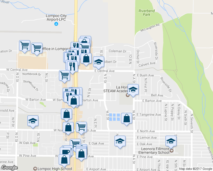 map of restaurants, bars, coffee shops, grocery stores, and more near 1308 North D Street in Lompoc