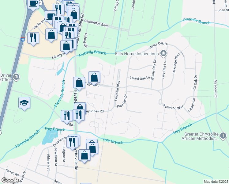 map of restaurants, bars, coffee shops, grocery stores, and more near 4843 Pinedale Boulevard in Lumberton