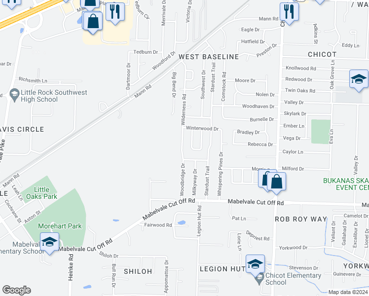 map of restaurants, bars, coffee shops, grocery stores, and more near 10025 Wilderness Road in Little Rock