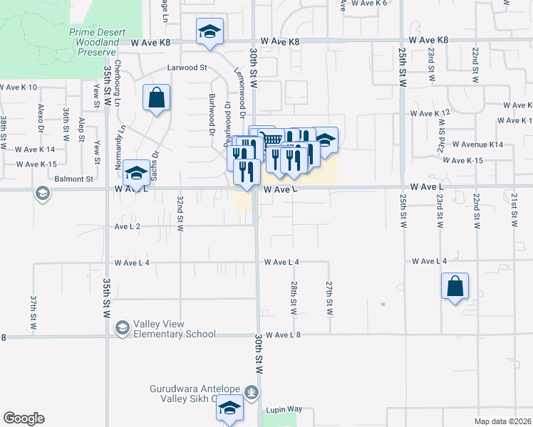 map of restaurants, bars, coffee shops, grocery stores, and more near West Avenue L-2 in Lancaster