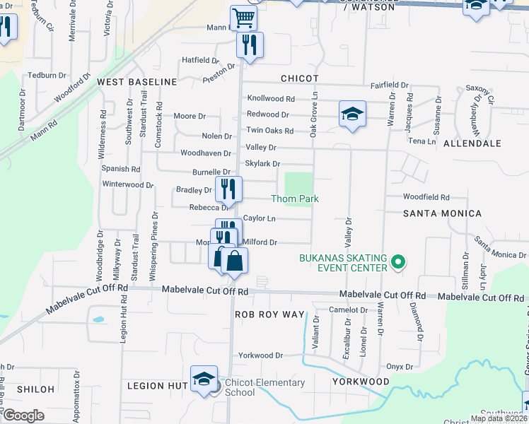 map of restaurants, bars, coffee shops, grocery stores, and more near 8 Caylor Lane in Little Rock