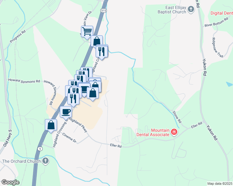 map of restaurants, bars, coffee shops, grocery stores, and more near 426 Highland Ridge Road in Ellijay