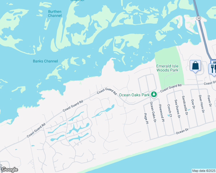map of restaurants, bars, coffee shops, grocery stores, and more near 9999 Bluff Ct in Emerald Isle