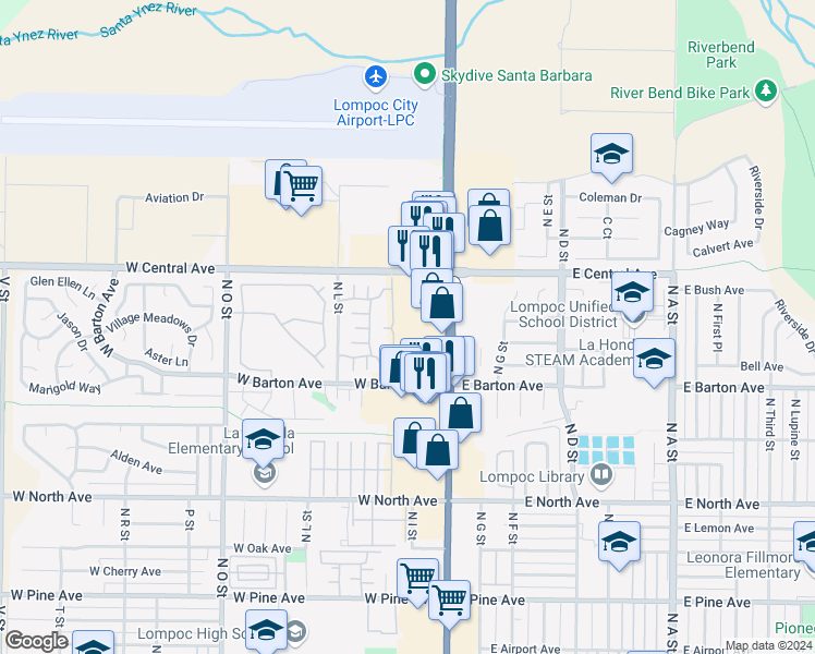 map of restaurants, bars, coffee shops, grocery stores, and more near 1313 North H Street in Lompoc