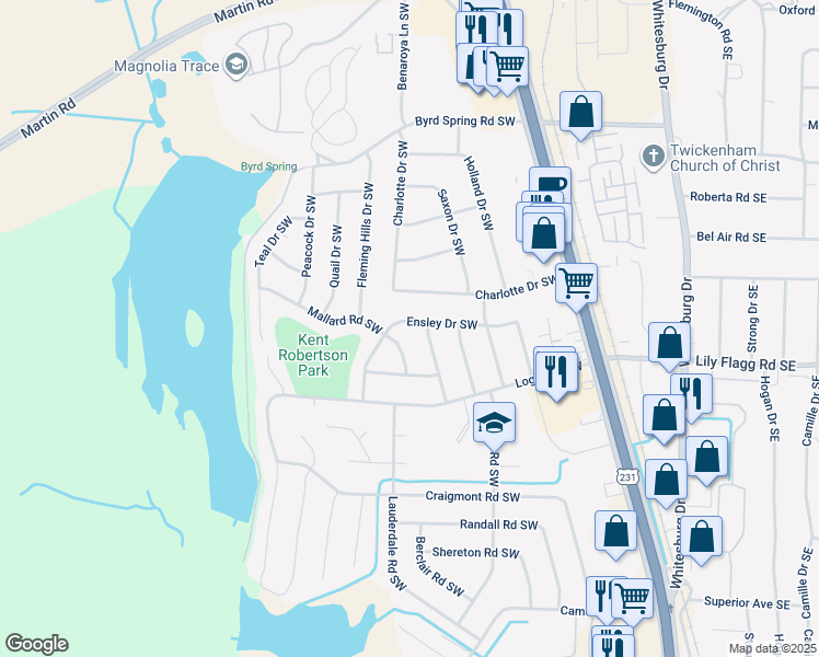map of restaurants, bars, coffee shops, grocery stores, and more near 7703 Ensley Drive Southwest in Huntsville