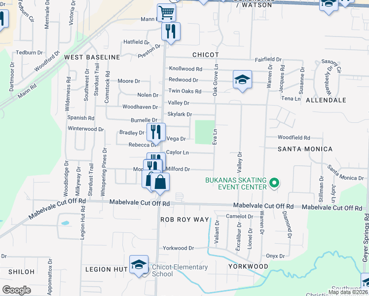 map of restaurants, bars, coffee shops, grocery stores, and more near 8 Caylor Lane in Little Rock