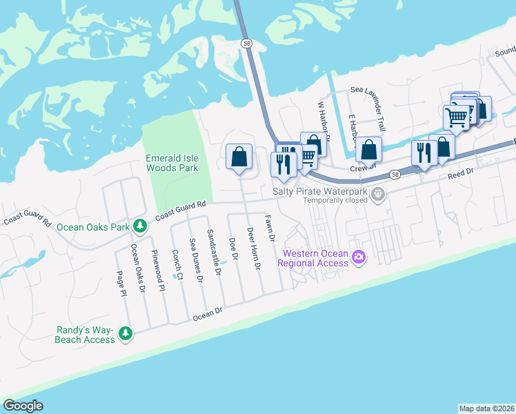 map of restaurants, bars, coffee shops, grocery stores, and more near 9257 Coast Guard Road in Emerald Isle