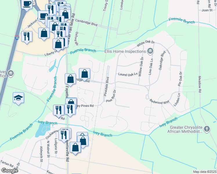 map of restaurants, bars, coffee shops, grocery stores, and more near 4843 Pinedale Boulevard in Lumberton