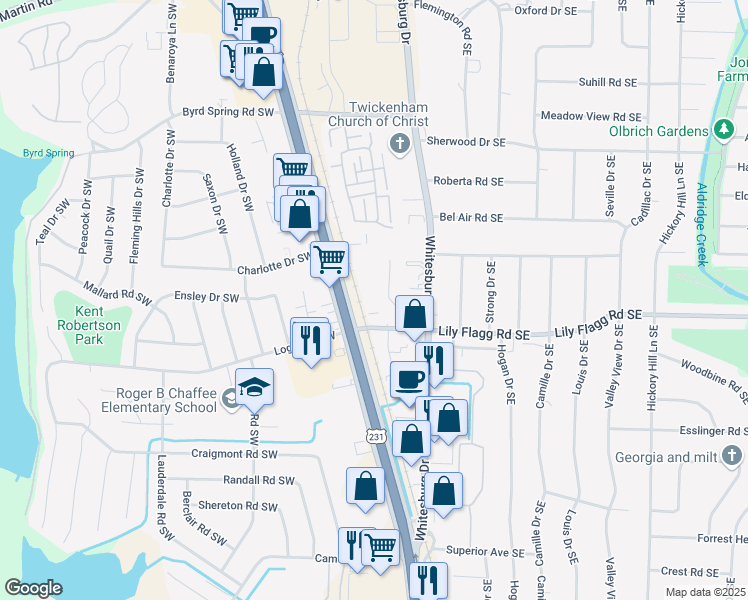 map of restaurants, bars, coffee shops, grocery stores, and more near 8140 Oldfield Road Southwest in Huntsville