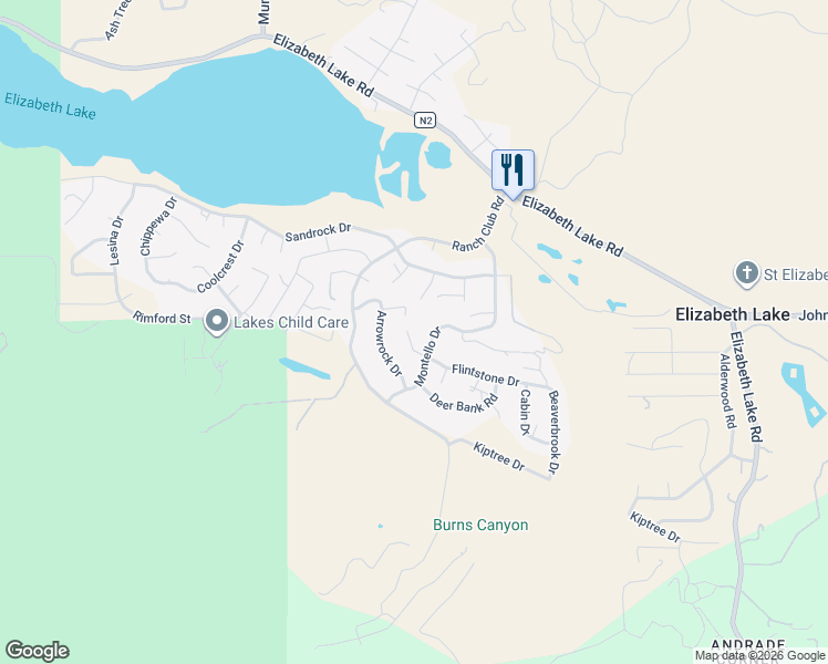 map of restaurants, bars, coffee shops, grocery stores, and more near 14761 Flintstone Drive in Elizabeth Lake