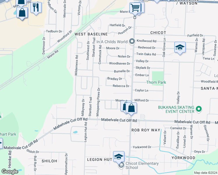 map of restaurants, bars, coffee shops, grocery stores, and more near 7813 Rebecca Drive in Little Rock