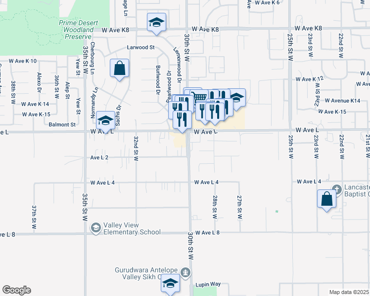 map of restaurants, bars, coffee shops, grocery stores, and more near 42719 30th Street West in Lancaster