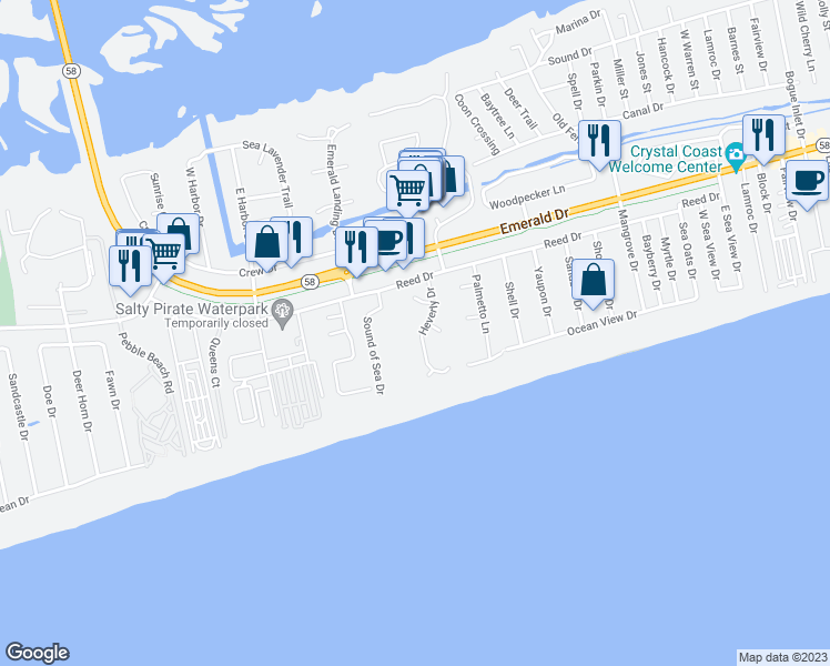 map of restaurants, bars, coffee shops, grocery stores, and more near 113 Heverly Drive in Emerald Isle