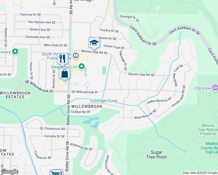 map of restaurants, bars, coffee shops, grocery stores, and more near 1228 Willowbrook Drive Southeast in Huntsville