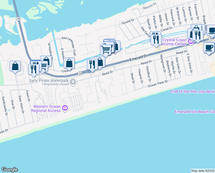 map of restaurants, bars, coffee shops, grocery stores, and more near 113 Heverly Drive in Emerald Isle