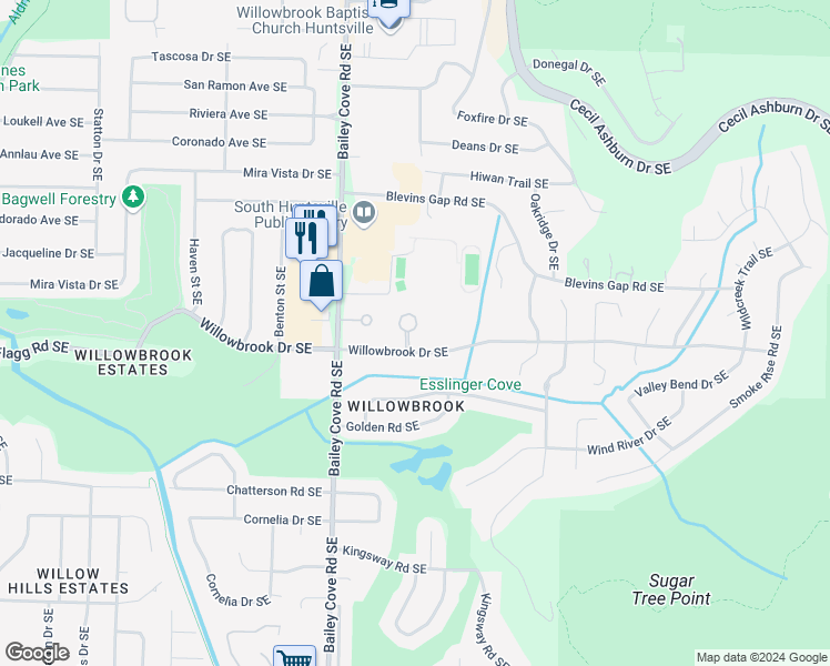 map of restaurants, bars, coffee shops, grocery stores, and more near 8205 Willowbrook Circle Southeast in Huntsville