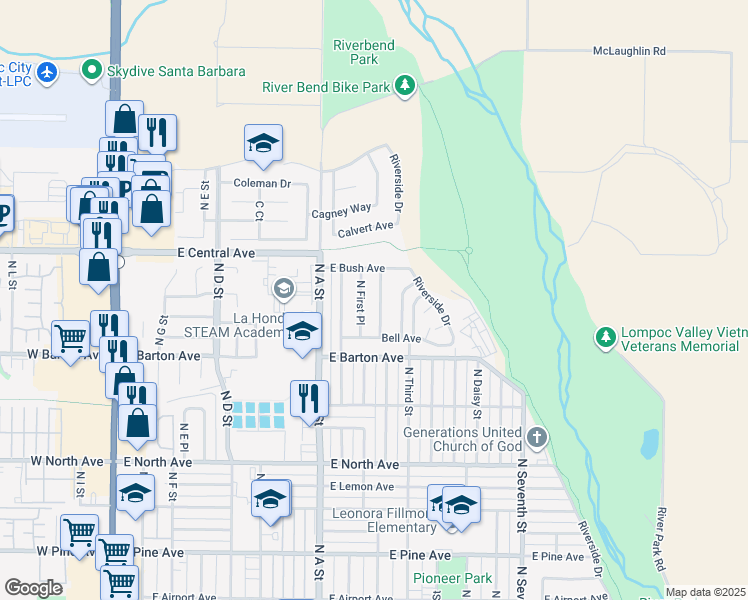 map of restaurants, bars, coffee shops, grocery stores, and more near 1301 North Second Street in Lompoc