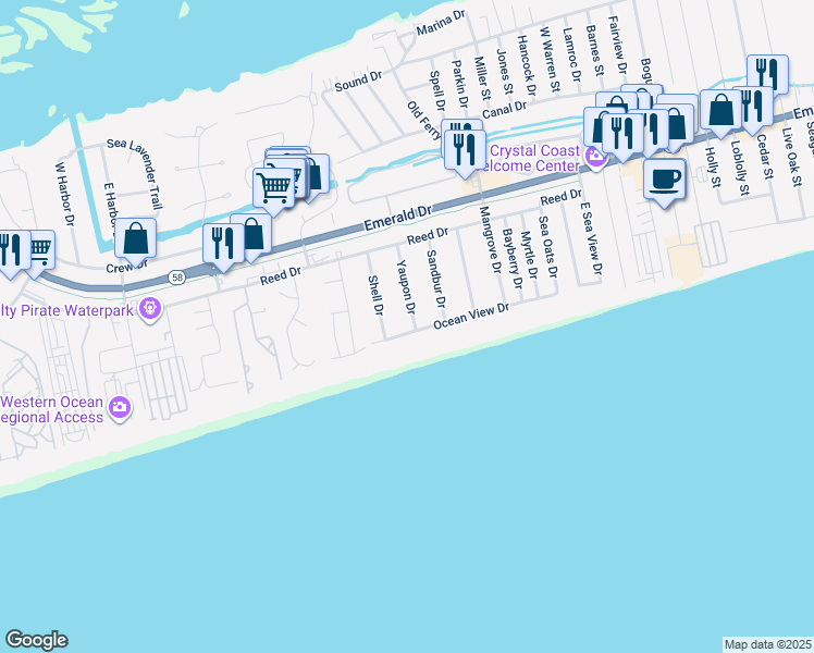 map of restaurants, bars, coffee shops, grocery stores, and more near 8702 Ocean View Drive in Emerald Isle