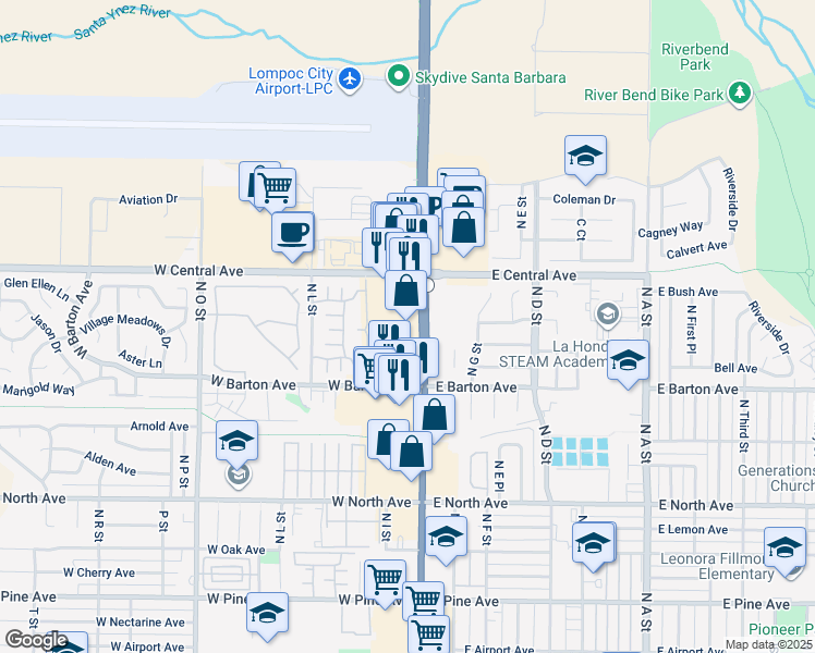 map of restaurants, bars, coffee shops, grocery stores, and more near 1313 North H Street in Lompoc