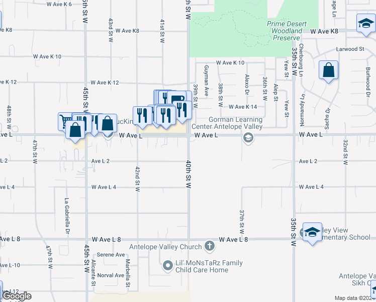 map of restaurants, bars, coffee shops, grocery stores, and more near 42719 40th Street West in Lancaster