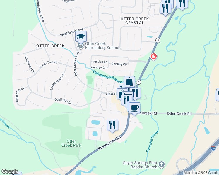 map of restaurants, bars, coffee shops, grocery stores, and more near 5 Courtside Place in Little Rock