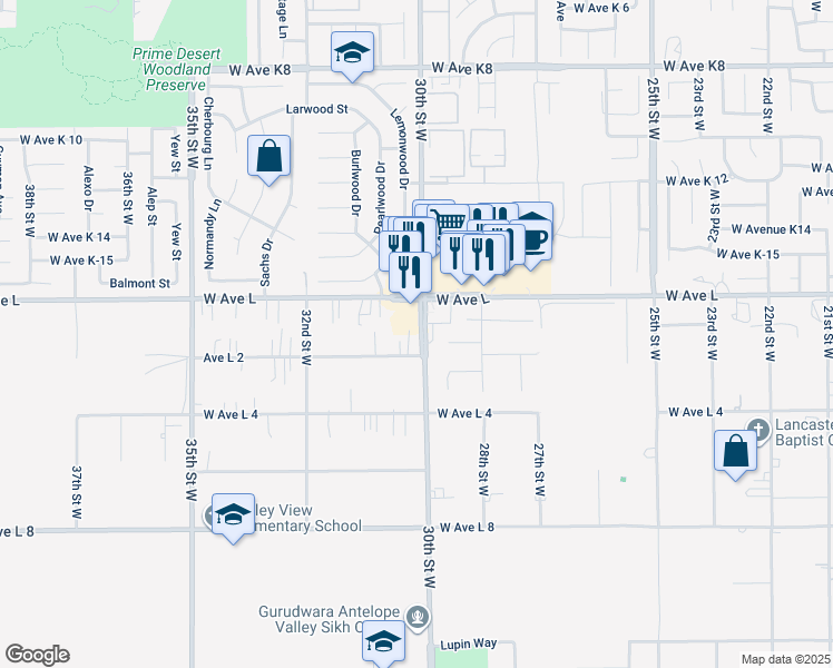 map of restaurants, bars, coffee shops, grocery stores, and more near 42719 30th Street West in Lancaster