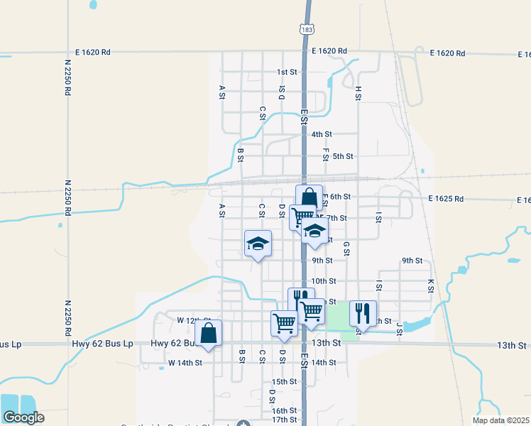 map of restaurants, bars, coffee shops, grocery stores, and more near 301 7th Street in Snyder