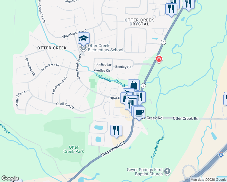 map of restaurants, bars, coffee shops, grocery stores, and more near 5 Courtside Place in Little Rock