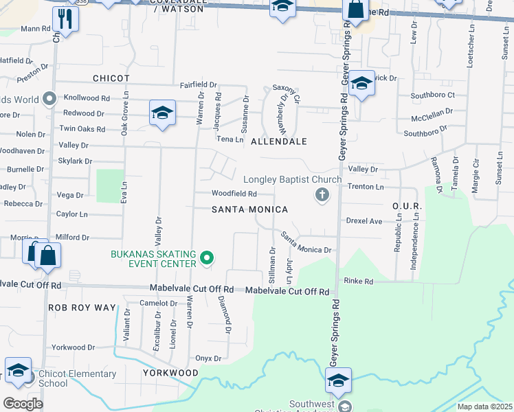 map of restaurants, bars, coffee shops, grocery stores, and more near 6410 Elmore Road in Little Rock