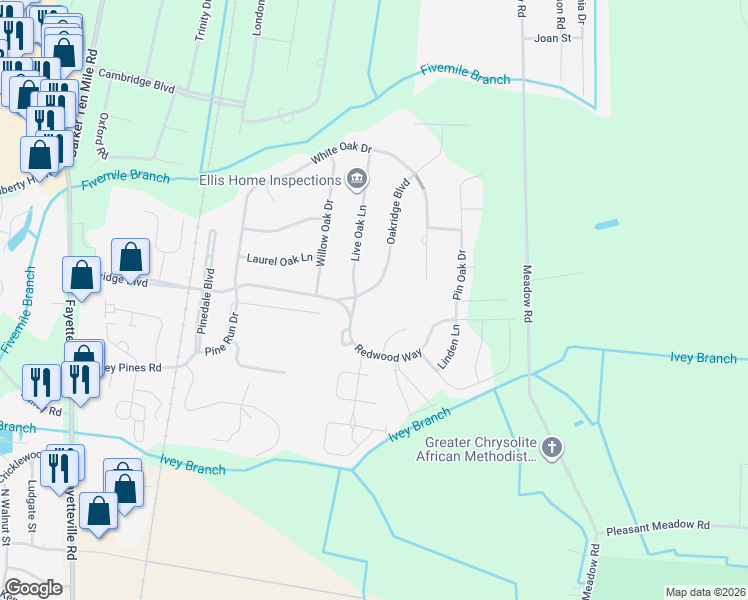 map of restaurants, bars, coffee shops, grocery stores, and more near 5299 Live Oak Lane in Lumberton