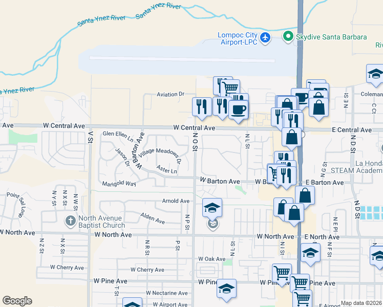 map of restaurants, bars, coffee shops, grocery stores, and more near 1316 Viola Way in Lompoc