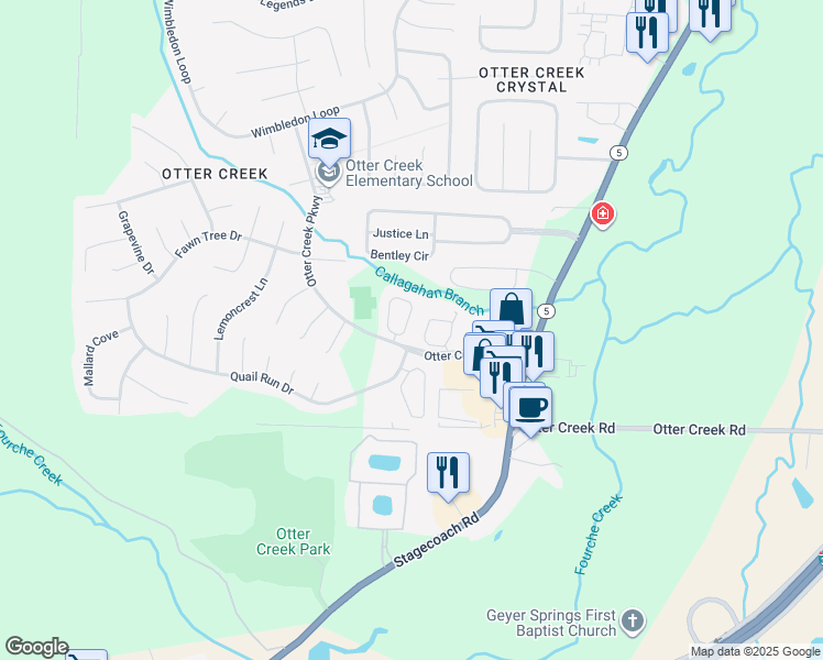 map of restaurants, bars, coffee shops, grocery stores, and more near 5 Courtside Place in Little Rock