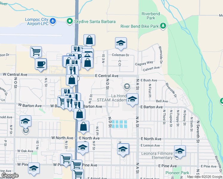 map of restaurants, bars, coffee shops, grocery stores, and more near 1308 North D Street in Lompoc