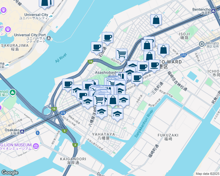 map of restaurants, bars, coffee shops, grocery stores, and more near Minato Dori in Minato Ward