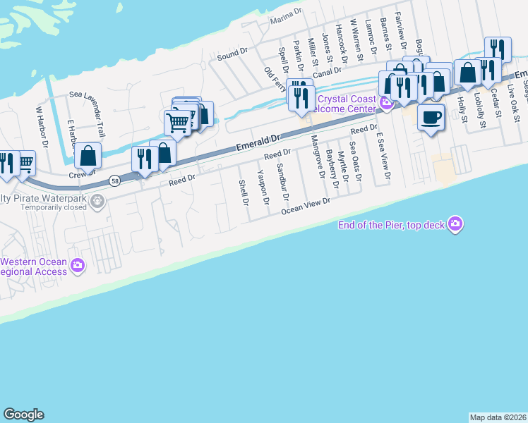 map of restaurants, bars, coffee shops, grocery stores, and more near 8626 Ocean View Drive in Emerald Isle