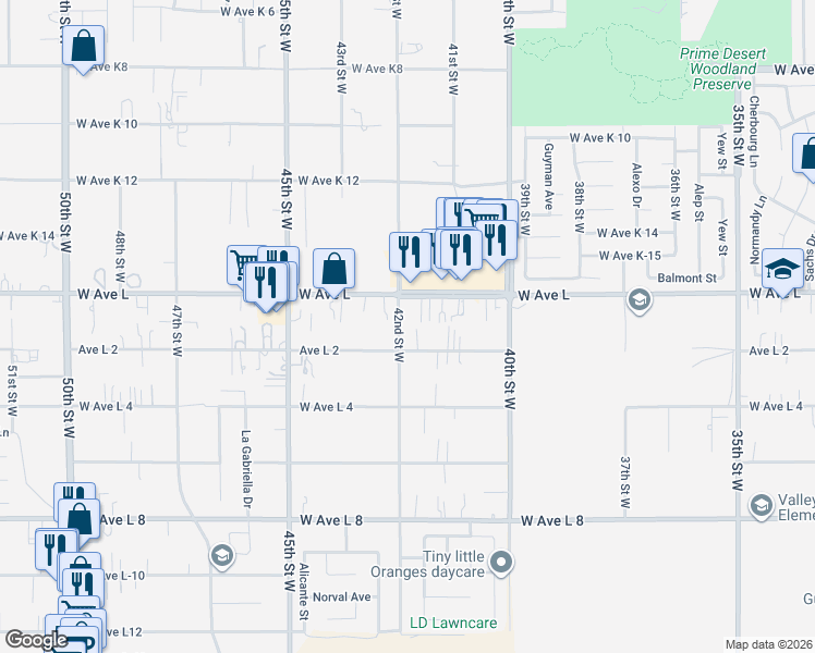 map of restaurants, bars, coffee shops, grocery stores, and more near 42724 42nd Street West in Lancaster
