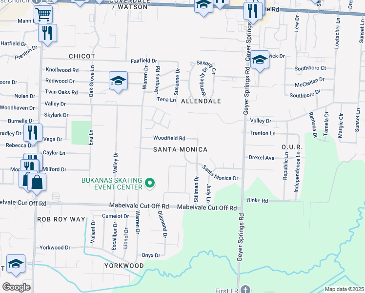 map of restaurants, bars, coffee shops, grocery stores, and more near 6424 Elmore Road in Little Rock